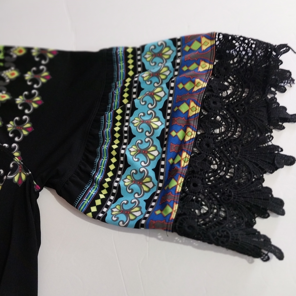 Ali Miles Black Tunic with Multicolor Geometric Trim and Crochet Hem - Picture 4 of 15